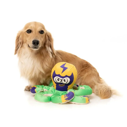 Jouet poulpe catcheur pour chien en peluche verte et violette avec casque jaune foudre, encourage l’activité physique