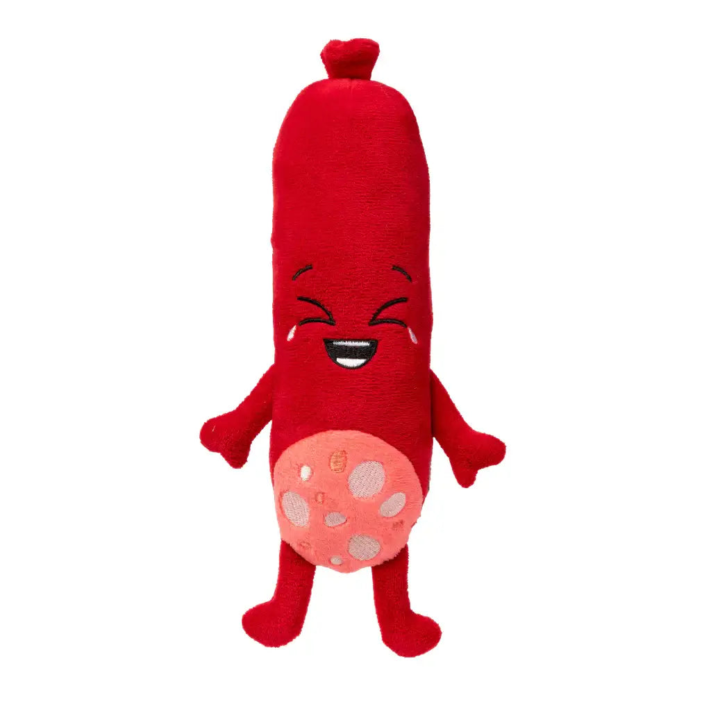 Jouet pour chien saucisson rouge en peluche, compagnon heureux avec ventre fromage rose