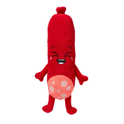 Jouet pour chien saucisson rouge en peluche, compagnon heureux avec ventre fromage rose