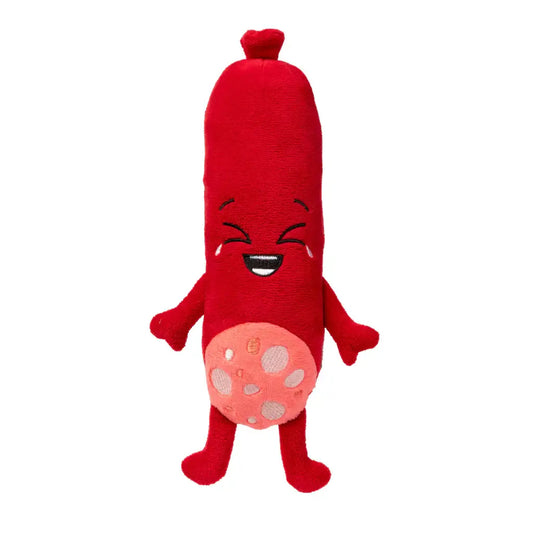 Jouet pour chien saucisson rouge en peluche, compagnon heureux avec ventre fromage rose