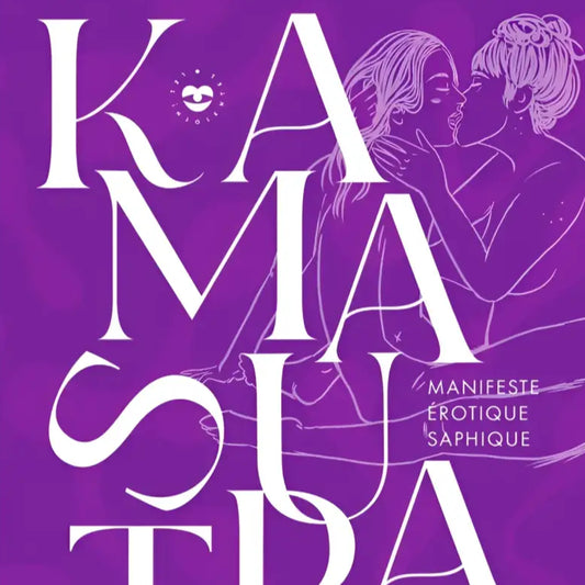 Livre Kamasutra Queer avec deux femmes et titre sur l’amour saphique et exploration intime