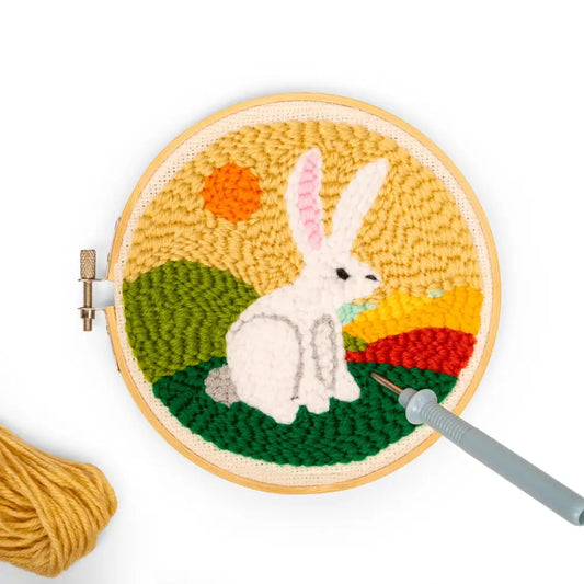 Kit broderie diy punch needle avec design de lapin en mini tapisserie dans un cadre