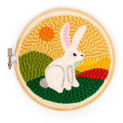 Kit broderie DIY lapin avec lapin blanc et coucher de soleil