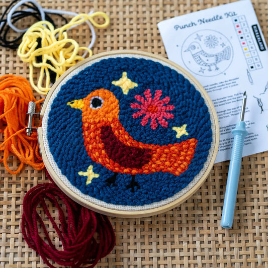 Kit broderie DIY oiseau punch needle créatif orange rouge