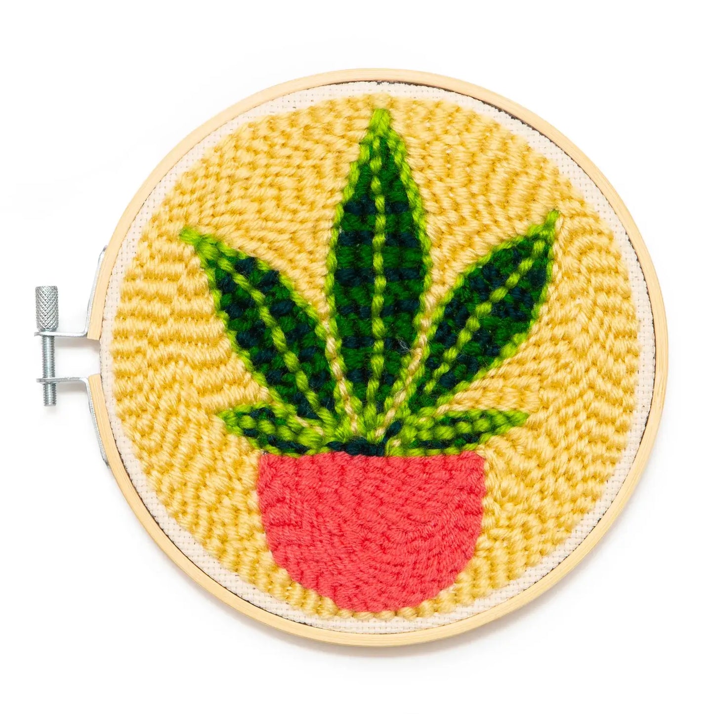 Kit broderie DIY plant: hoop vert feuille en pot rouge sur fond jaune texturé