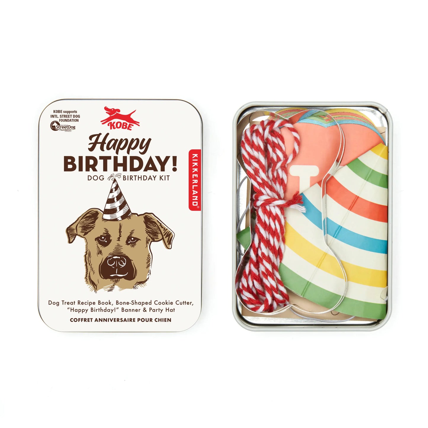 Kit d’anniversaire pour chien Kikkerland avec ambiance festive en boîte argentée