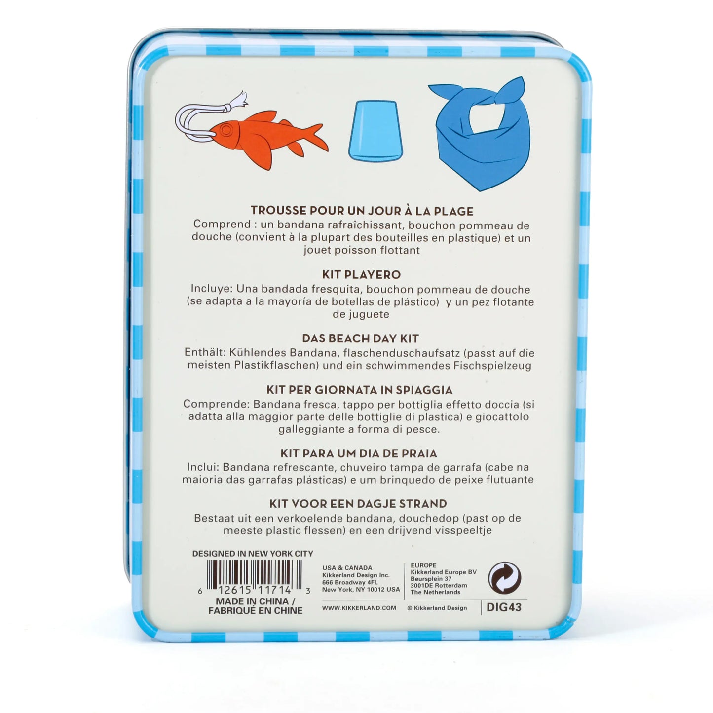 Kit pour chien plage: jouet flottant et bandana rafraîchissant en tôle rayée bleu blanc