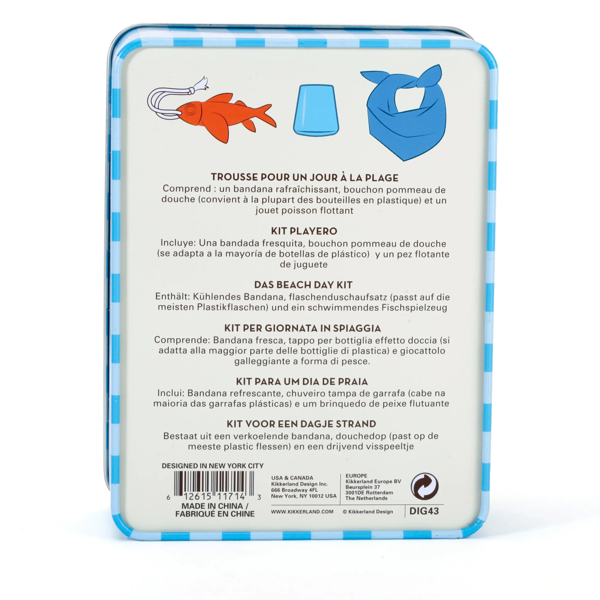 Kit pour chien plage: jouet flottant et bandana rafraîchissant en tôle rayée bleu blanc