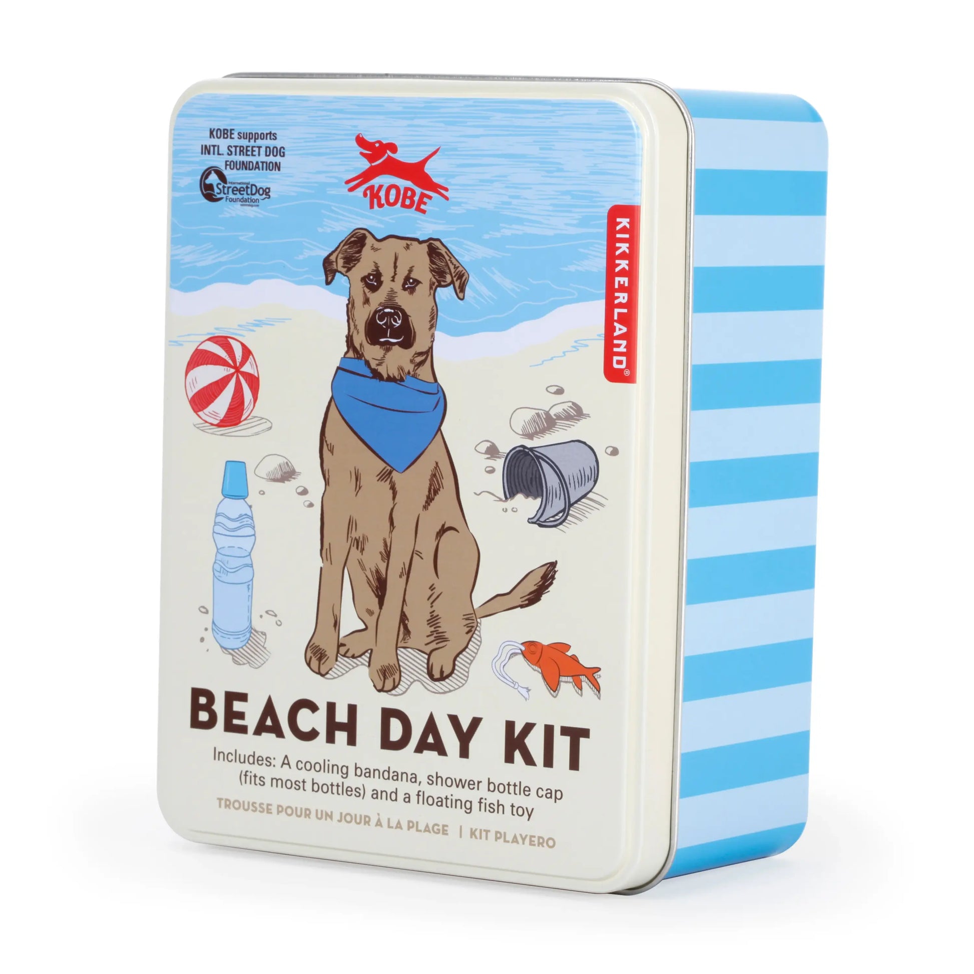Kit pour chien plage : boite rayée avec chien cartoon au bandana rafraîchissant