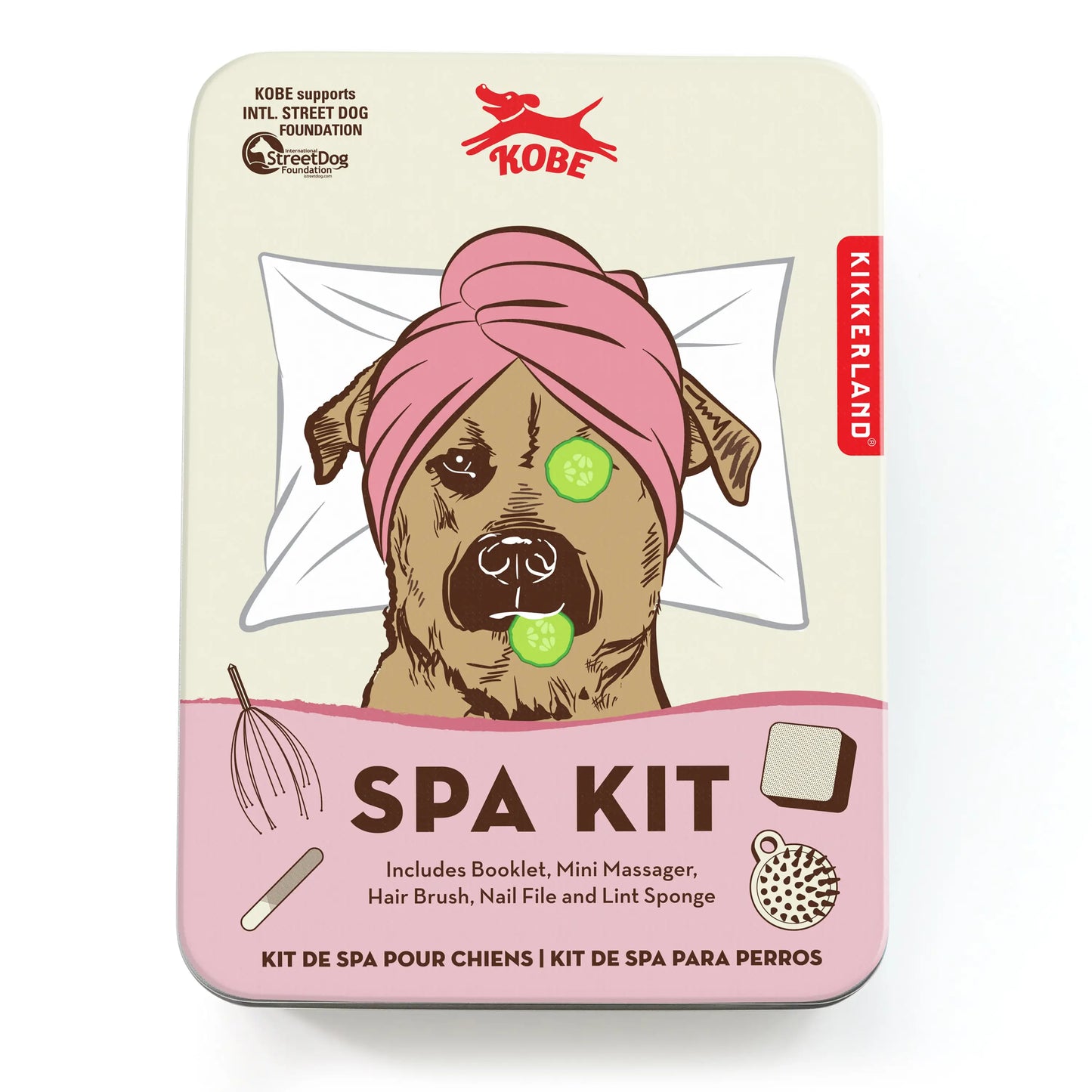 Kit spa pour chien : chien cartoon en turban rose, concombres sur yeux, invitation à ralentir