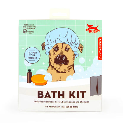 Kit Kikkerland pour chien : chien brun en bonnet de douche bleu, avec serviette microfibre séchage rapide