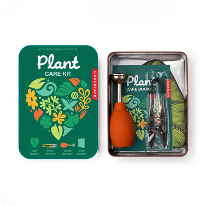 Kit d’entretien pour plantes avec pulvérisateur orange, ciseaux noirs et livret