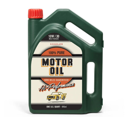 Bidon d’huile rétro vert foncé, bouchon rouge, étiquette 10W30 avec voiture de course jaune pour kit d’outils vintage