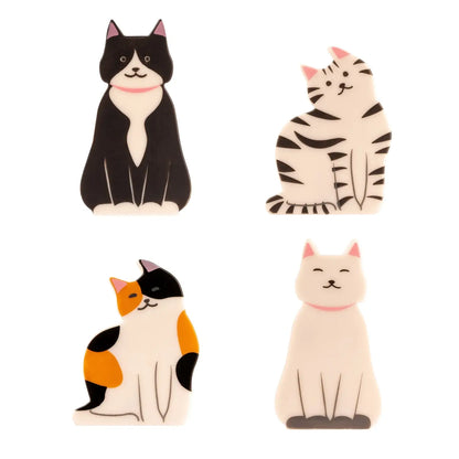 Lot de 4 aimants frigo chat kitty bag clip en noir, blanc, orange, crème avec colliers roses