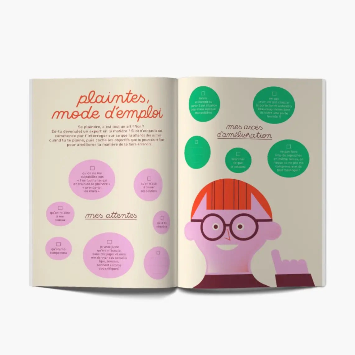 Livre ouvert Laissez-Moi Râler ! avec illustrations cartoon et diagrammes circulaires colorés