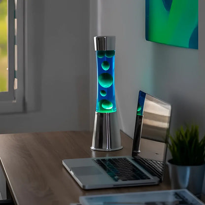 Lampe à lave tour verte avec liquide bleu et bulles flottantes