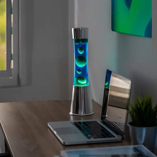Lampe à lave tour verte avec liquide bleu et bulles flottantes