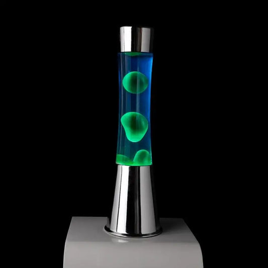 Lampe à lave tower verte avec liquide bleu vibrant et bulles vertes
