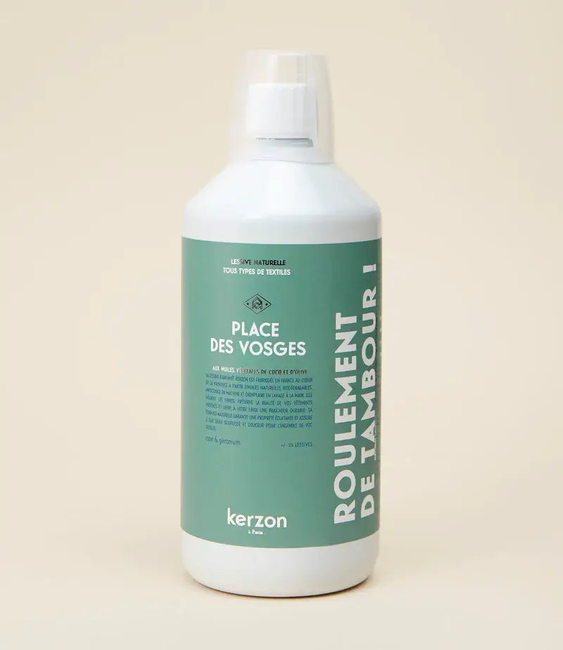 Bouteille blanche de lessive naturelle Place des Vosges 1L à label turquoise