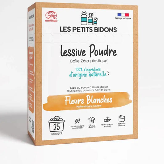 Box de lessive poudre fleurs blanches zéro plastique 875g pour un linge parfumé