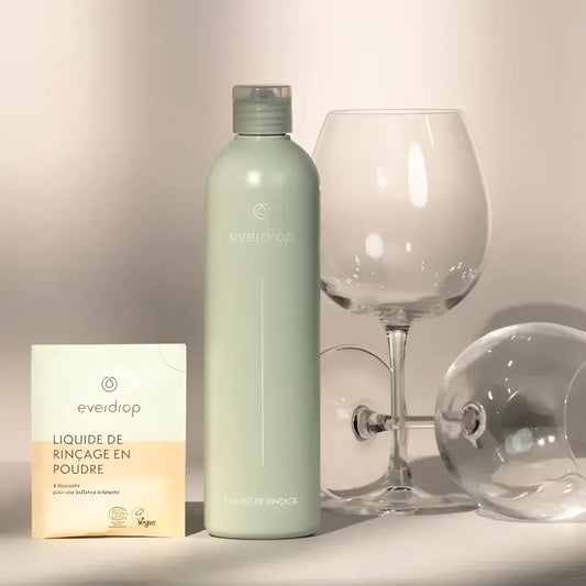Bouteille deverdrop liquide de rincage et poudre à diluer, écologique et pratique