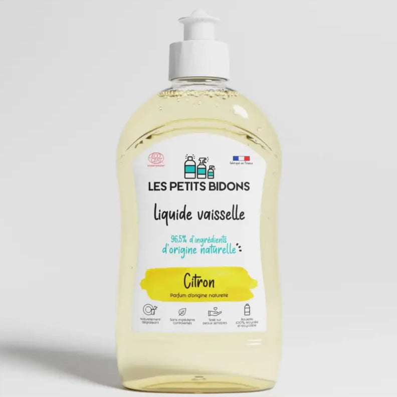 Liquide vaisselle citron frais en bouteille claire avec pompe, parfum citron frais