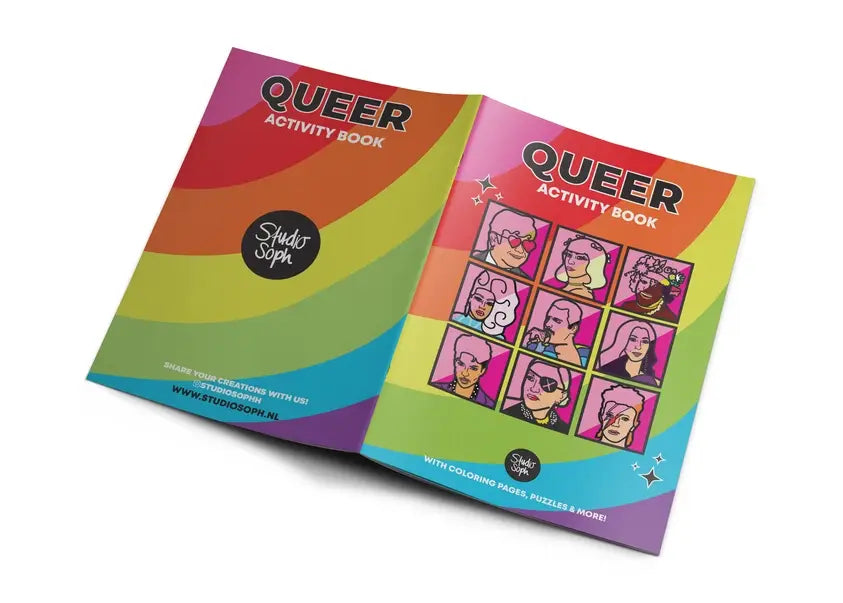 Couverture arc-en-ciel du cahier d’activités coloriage queer, 9 portraits