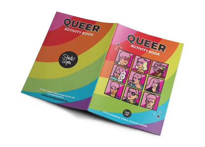 Couverture arc-en-ciel du cahier d’activités coloriage queer, 9 portraits