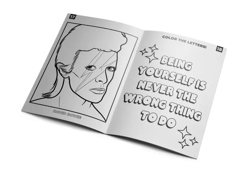 Livre de coloriage queer avec portrait de David Bowie et citation inspirante