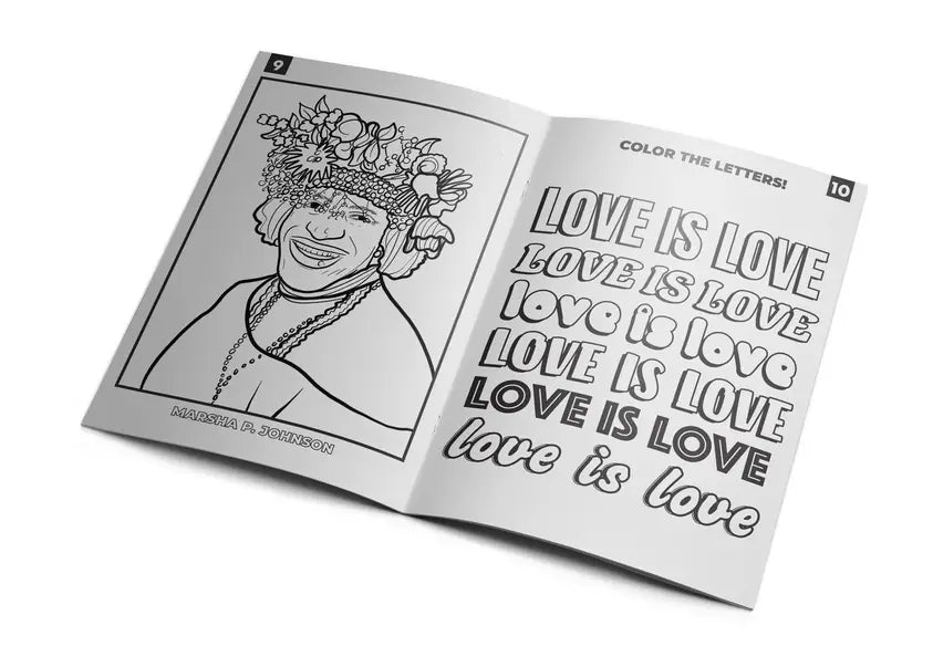 Livre de coloriage queer avec portrait de Marsha P. Johnson et Love is Love