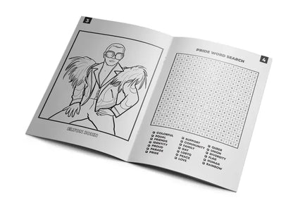 Livre de coloriage queer ouvert avec cahier d’activités