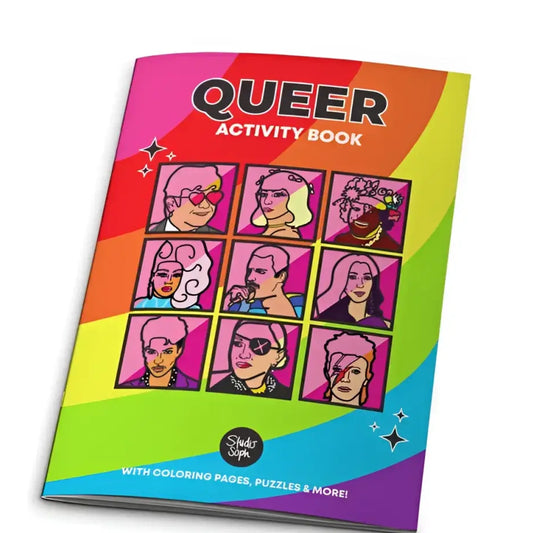 Cahier d’activités queer avec portraits pop art de musiciens, contenu varié, emporté partout