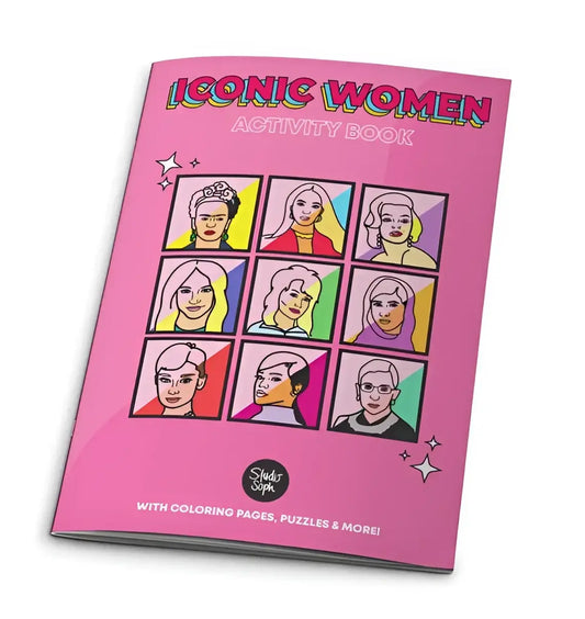 Livre d’activités femmes emblématiques avec illustrations roses colorées