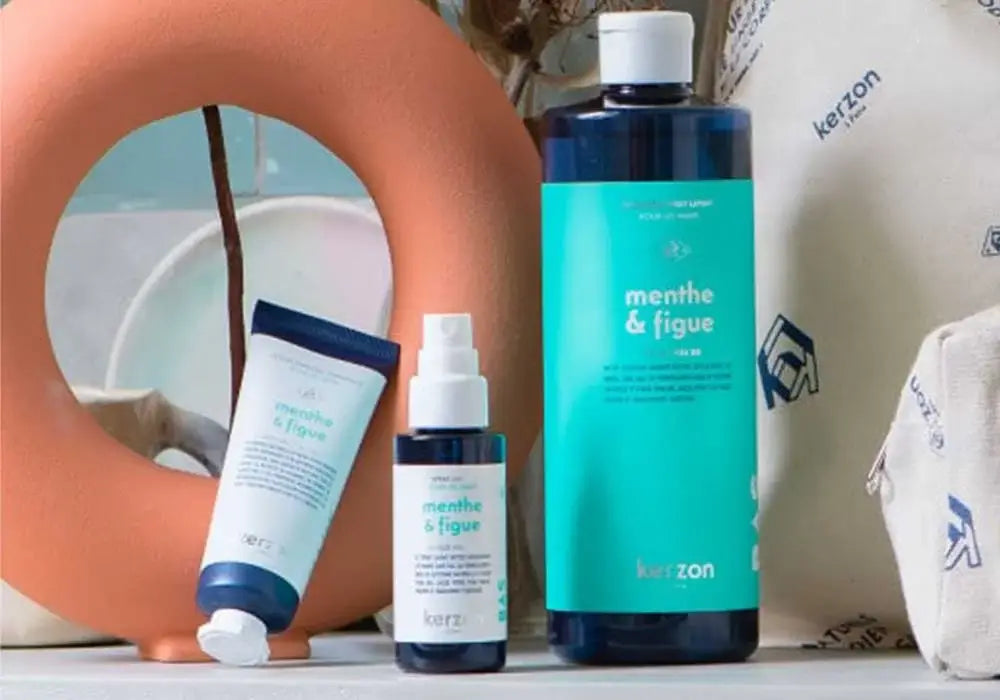 Lotion mains orange rhubarbe 50ml en bouteille bleu foncé Kerzon menthe et figue