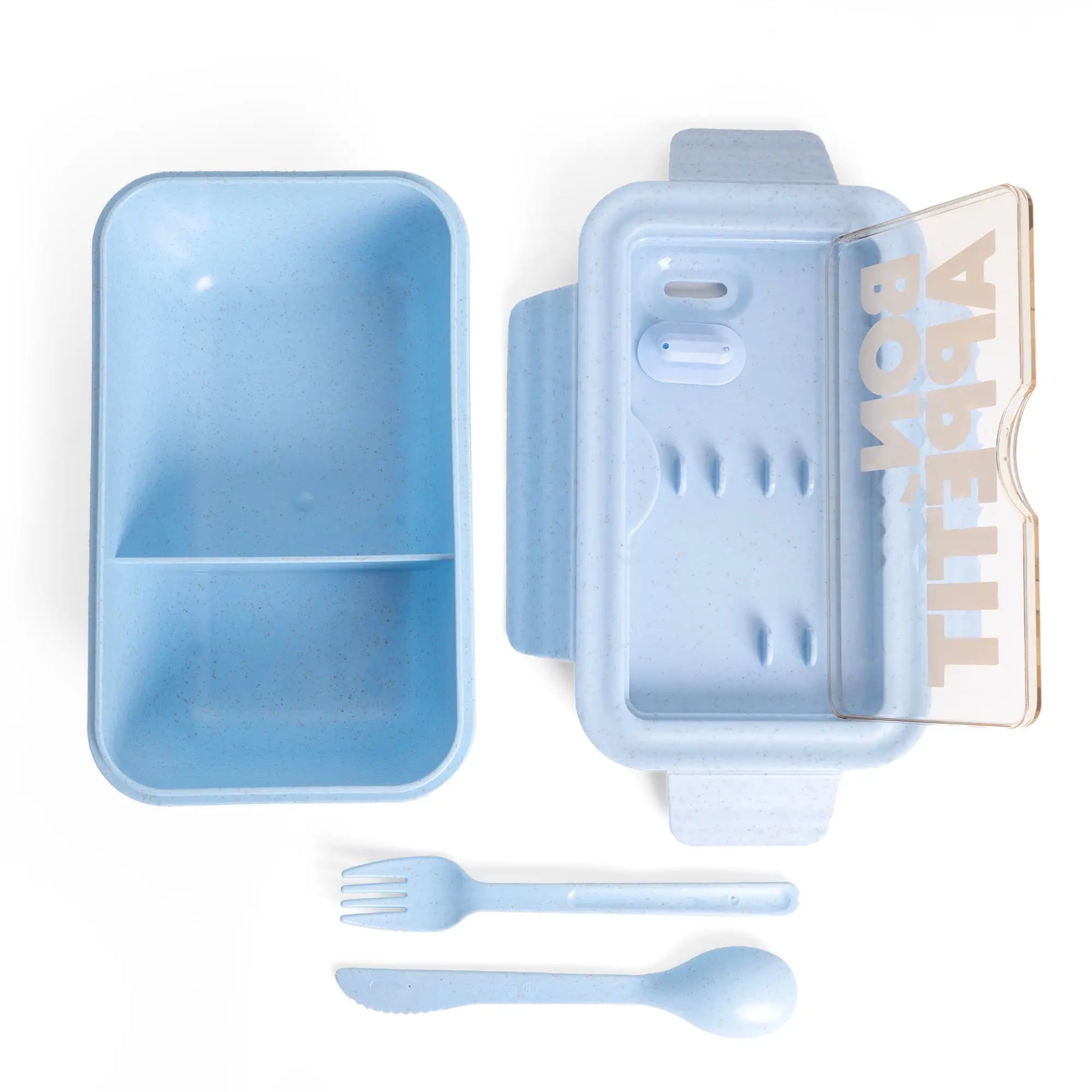 Boîte repas bleue bon appétit avec couvercle transparent et couverts