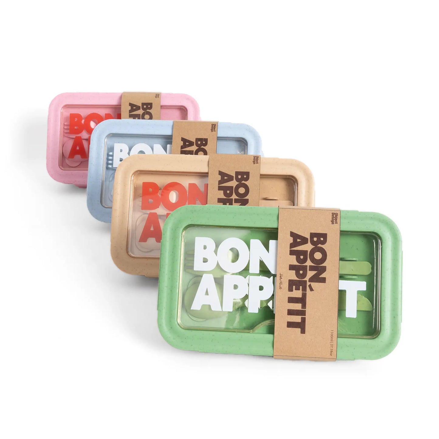 Quatre boîtes repas rectangulaires pastel avec couvercles transparents Bon Appétit Camel en matériau innovant