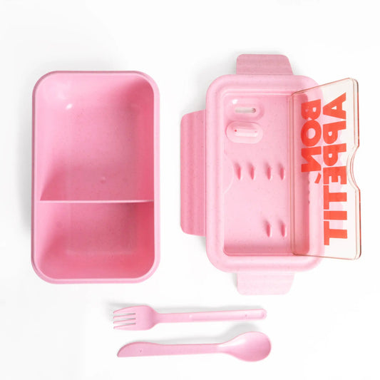 Boîte repas rose avec fermeture hermétique, design soigné et Bon appétit