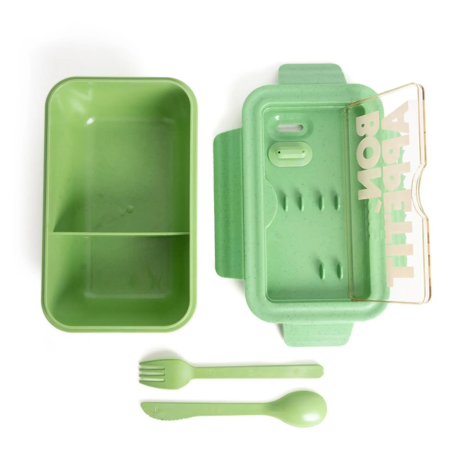 Bento box verte bon appétit avec couvercle transparent et couverts