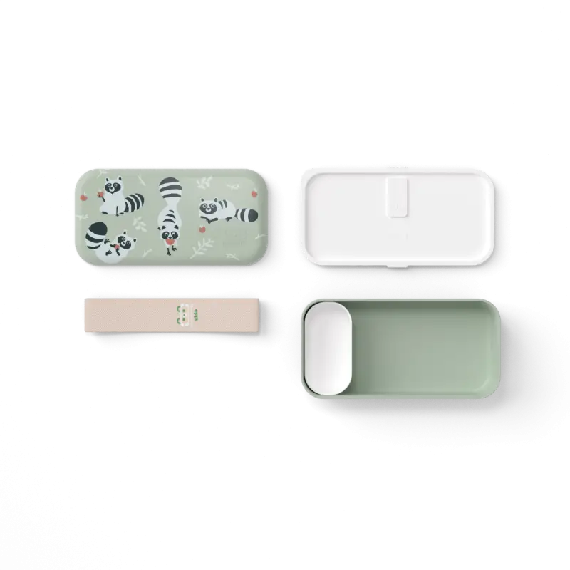 Boîte bento enfant raton laveur mint vert avec illustrations raccoon ludiques
