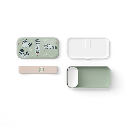 Boîte bento enfant raton laveur mint vert avec illustrations raccoon ludiques