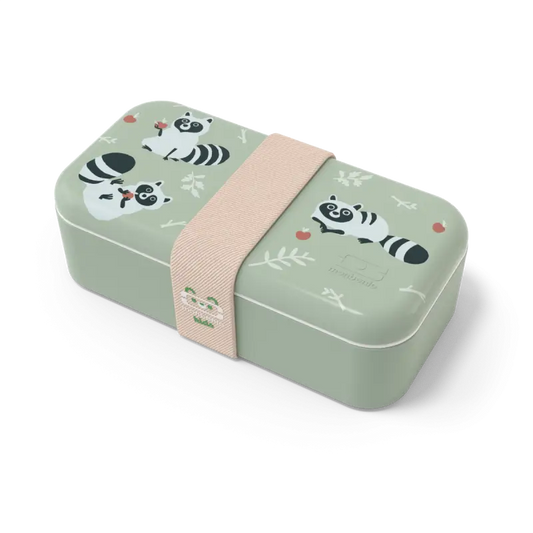 Bento mint vert enfant raton laveur avec illustrations mignonnes et sangle rose