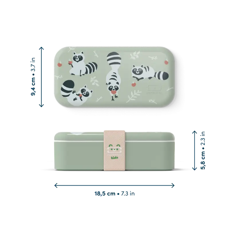 Bento enfant raton laveur vert menthe avec illustrations ludiques et sangle rose kids