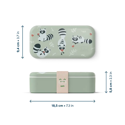 Bento enfant raton laveur vert menthe avec illustrations ludiques et sangle rose kids
