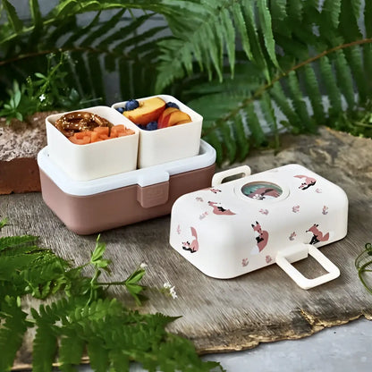 Boîte bento ludique enfant rose renard crème avec accents roses