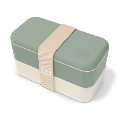 Boîte déjeuner vert en mint et crème, sangle tissée beige
