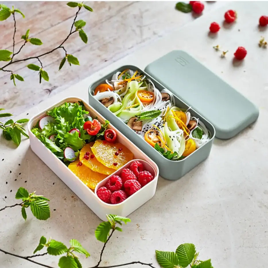 Deux boîtes déjeuner vertes nature, avec salades colorées de fruits et légumes frais
