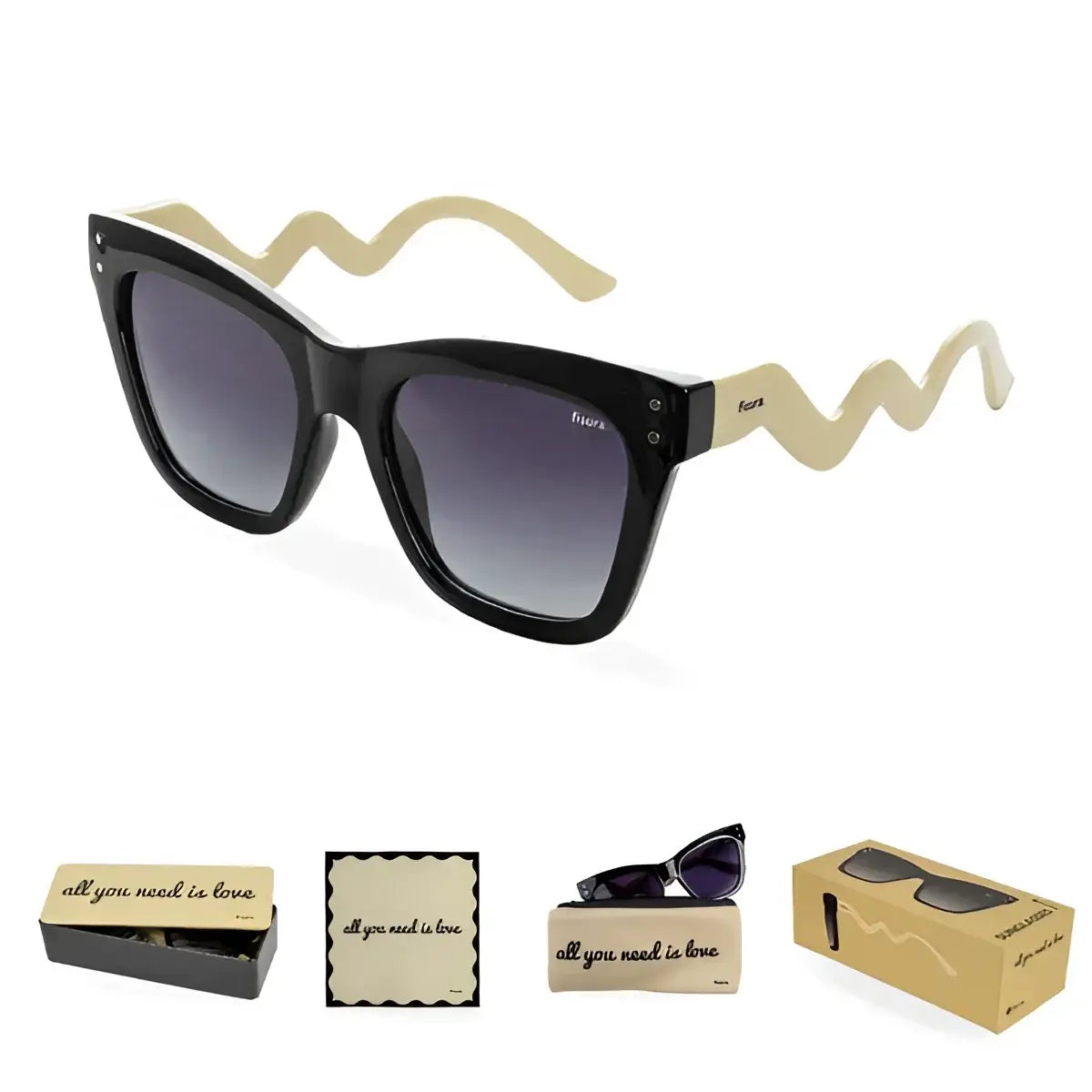 Lunettes All You Need is Love : chat noir, tempes beiges ondulées, verres dégradés