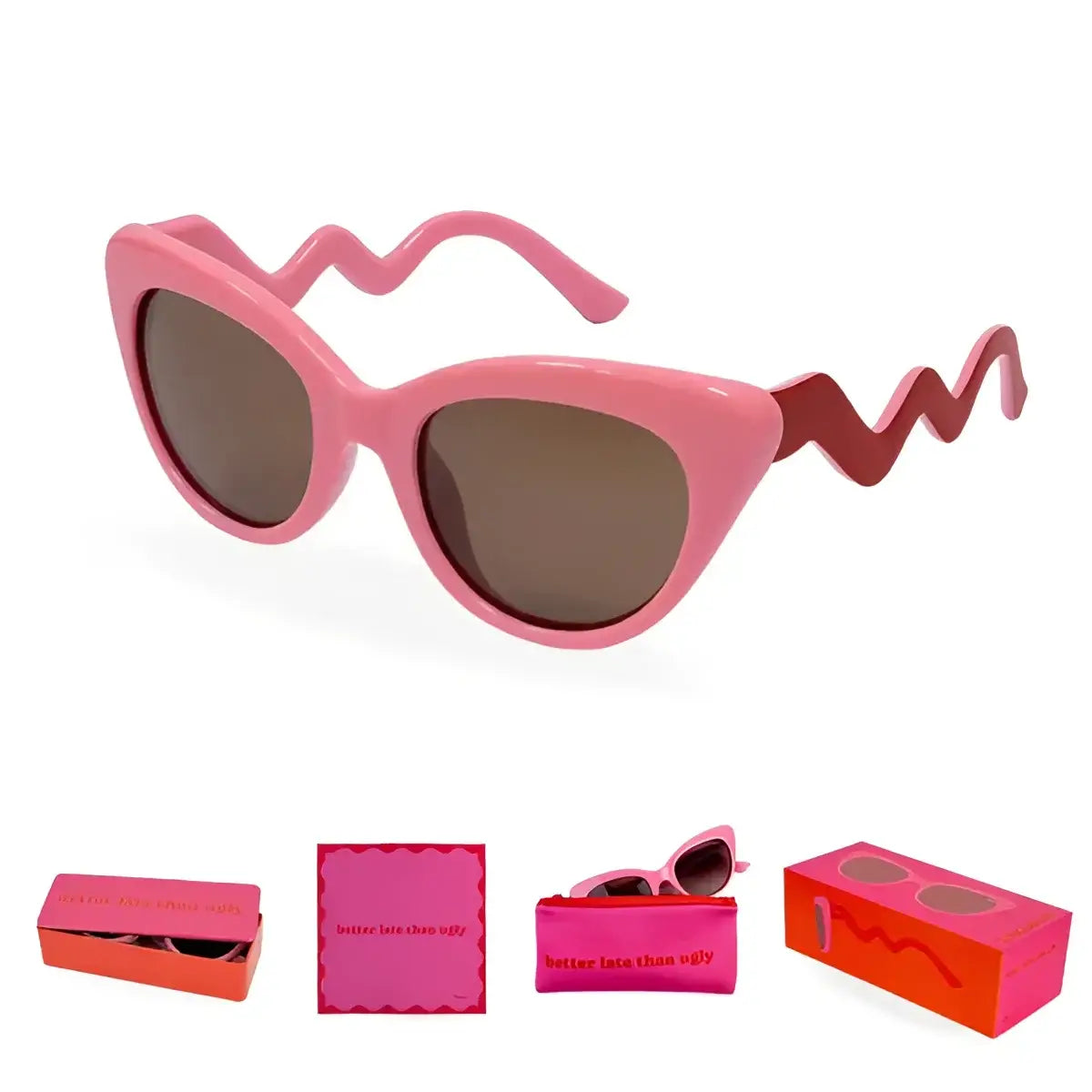 Lunettes de soleil Better Late Than Ugly : protection visuelle rose chat œil avec branches ondulées et verres marron