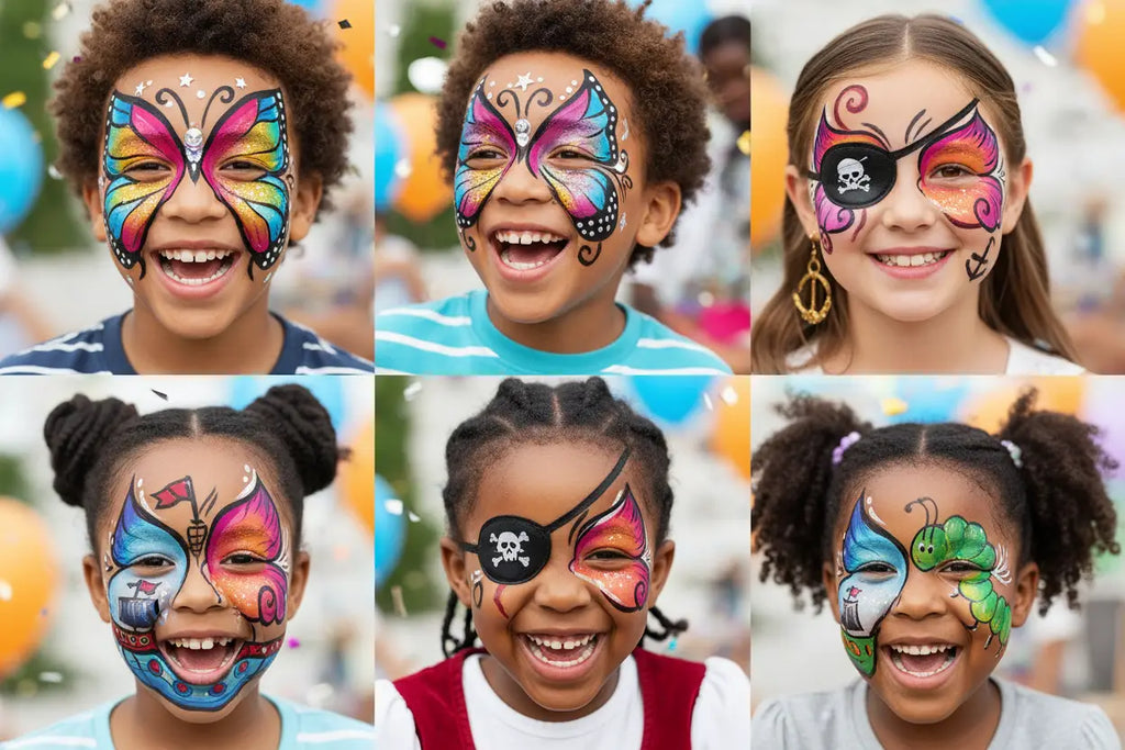 Children's face painting with a pirate and butterfly theme (not girl = butterfly and boy = dragon)