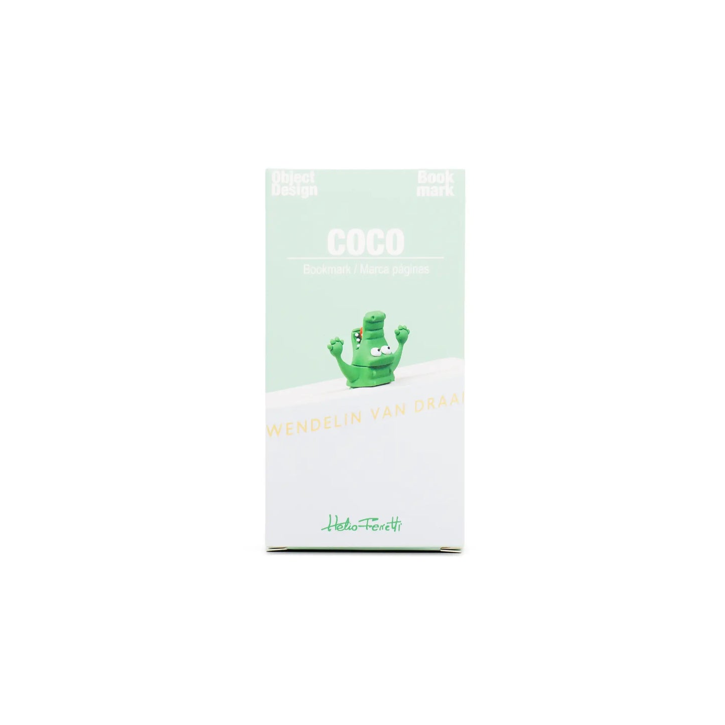 Marque page crocodile en boite verte avec figurine Coco de Hello Ferréti